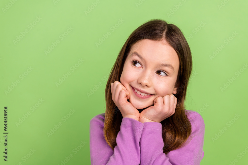 Photo of cheerful girl with straight hairdo wear purple turtleneck palms cheekbones look empty space isolated on green color background Photo of cheerful girl with straight hairdo wear purple turtleneck palms cheekbones look empty space isolated on green color background