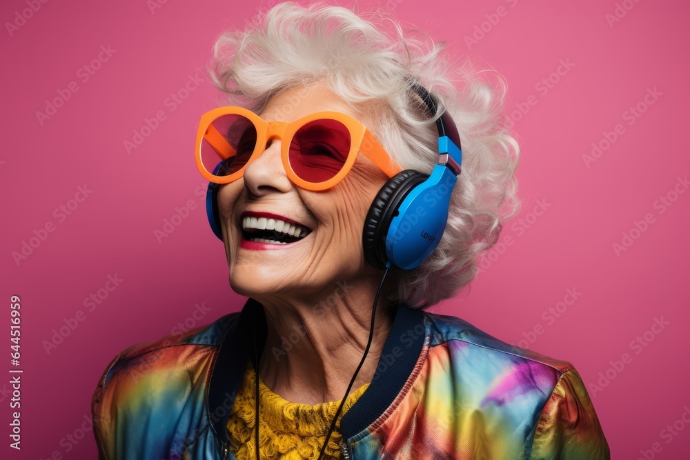 Photo of an elderly woman enjoying music with sunglasses and headphones created with Generative AI technology