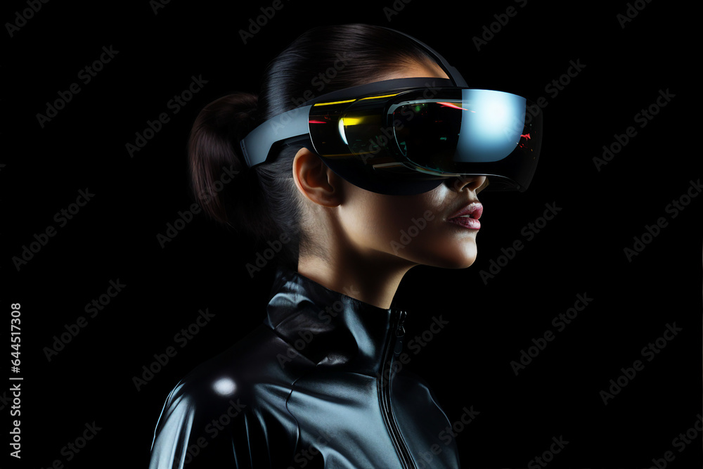 Excited woman wearing vr headset user watching surreal colorful fantasy world made with generative AI isolated on dark background Excited woman wearing vr headset user watching surreal colorful fantasy world made with generative AI isolated on dark background