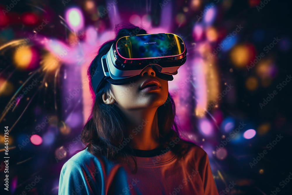 Excited woman wearing vr headset user watching surreal colorful fantasy world made with generative AI