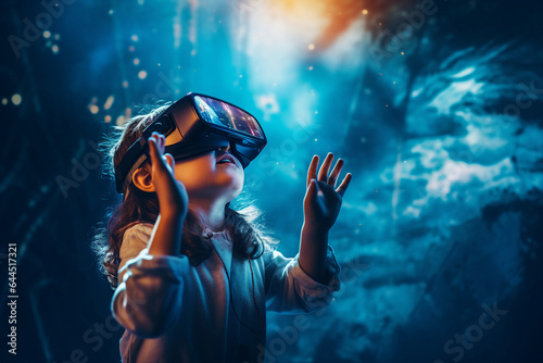 Excited woman wearing vr headset user watching surreal colorful fantasy world made with generative AI