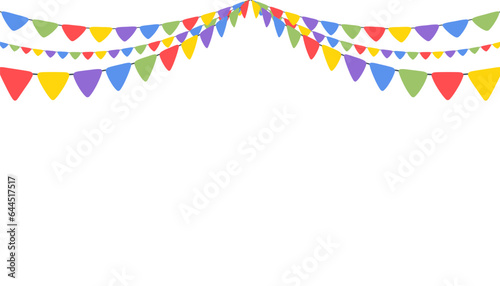 Celebrate hanging triangular garlands. Colorful perspective flags party isolated on white background. Birthday, Christmas, anniversary, and festival fair concept. Vector illustration.