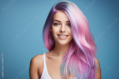 Generative AI portrait of fashion model advertising hair salon showing coloring hairstyle