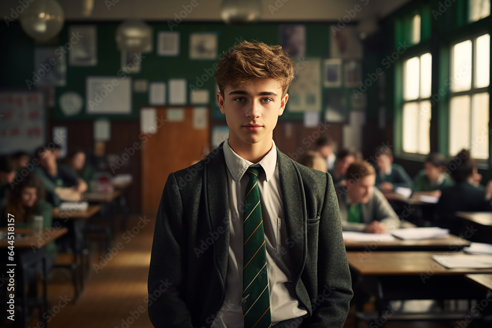 Fototapeta premium Generated by AI photo of happy male brown hair student standing in classroom isolated in educational environment background