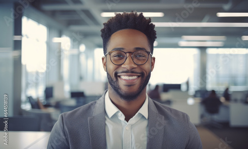 Portrait of a smiling Black man in business attire  set in an office environment. The photo captures a sense of diversity  happiness  and optimism.