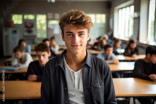 Generated by AI photo of happy male brown hair student standing in classroom isolated in educational environment background