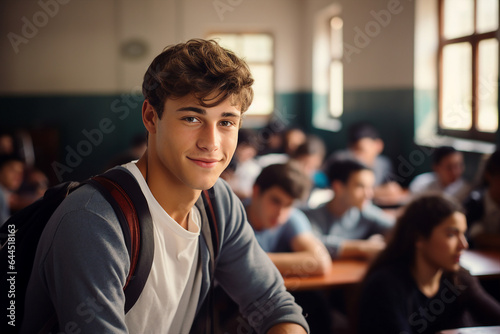 Photography of confident intelligent student with brown hair in classroom educational environment background generated by AI
