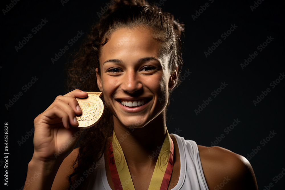 Portrait generative AI concept of happy beautiful woman professional runner athlete winner of Olympic games Portrait generative AI concept of happy beautiful woman professional runner athlete winner of Olympic games