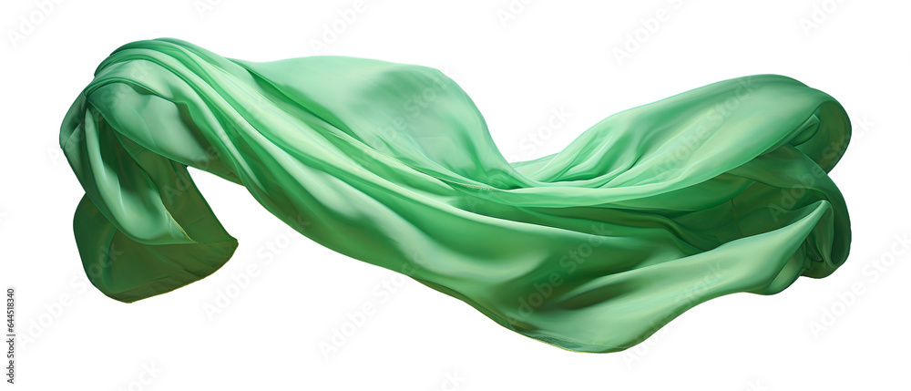 Green silk fabric floating on white - obrazy, fototapety, plakaty 