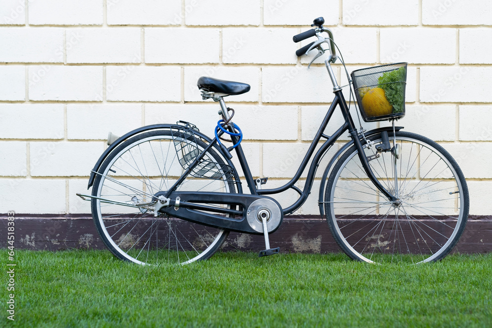 a black bicycle with a female frame and a basket on it stands on green grass near a stone wall