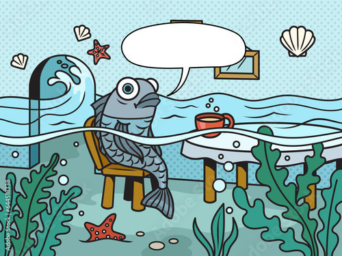 Fish with drain water meme This is fine with text bubble pinup pop art retro vector illustration. Comic book style imitation.