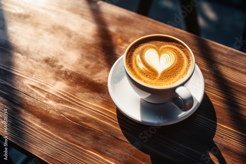 A coffee cup on a wooden table in a cafe, heart in milk foam, latte art