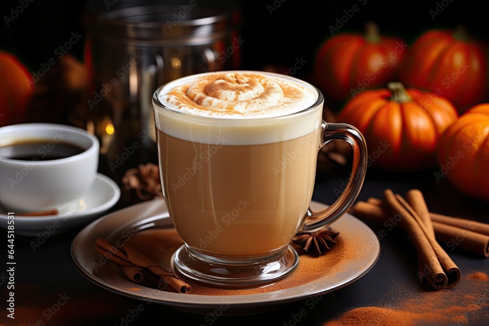 Pumpkin latte in glass cup. Cozy autumn beverage. Close up. Generative AI. Pumpkin latte in glass cup. Cozy autumn beverage. Close up. Generative AI.