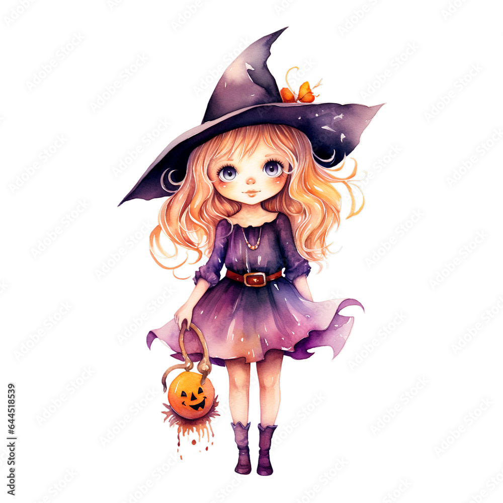 Halloween witch with a pumpkin watercolor on white