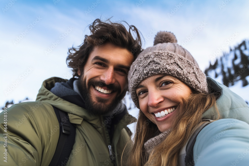 Generative AI picture of funny happy couple traveling together winter season snowy mountains Generative AI picture of funny happy couple traveling together winter season snowy mountains