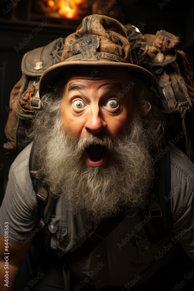 Funny crazy archaeologist with a backpack on his back and a funny hat. Generative AI Funny crazy archaeologist with a backpack on his back and a funny hat. Generative AI