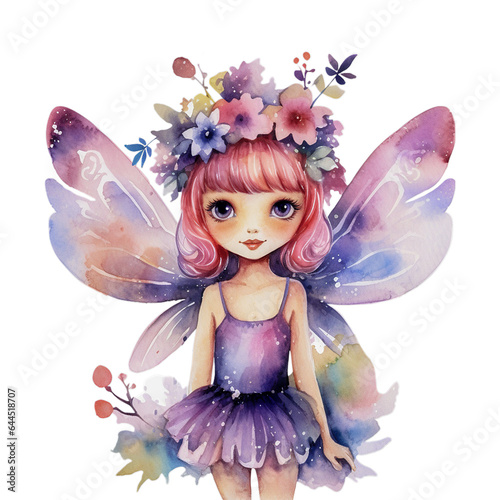 Cute fairy with wings watercolor on white