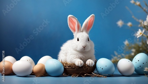 A rabbit sitting on the nest with easter egg
