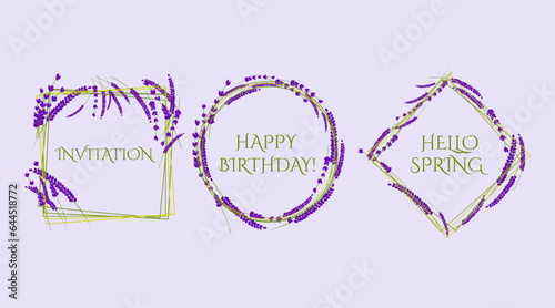 Set of three invitation or greeting card designs decorated with lavender flowers and lettering examples on violet background