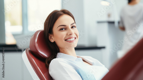 A mixed individual sitting and smiling in a dentist's office, radiating comfort and confidence in healthcare settings.