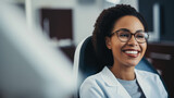 A mixed individual sitting and smiling in a dentist's office, radiating comfort and confidence in healthcare settings.