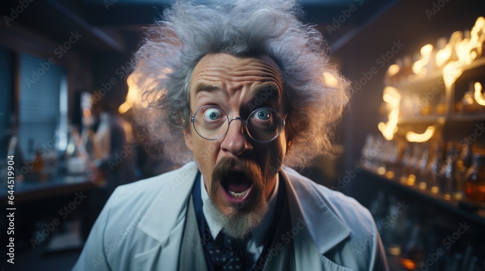 Funny crazy scientist in a white coat and a funny hairstyle in his laboratory. Generative AI