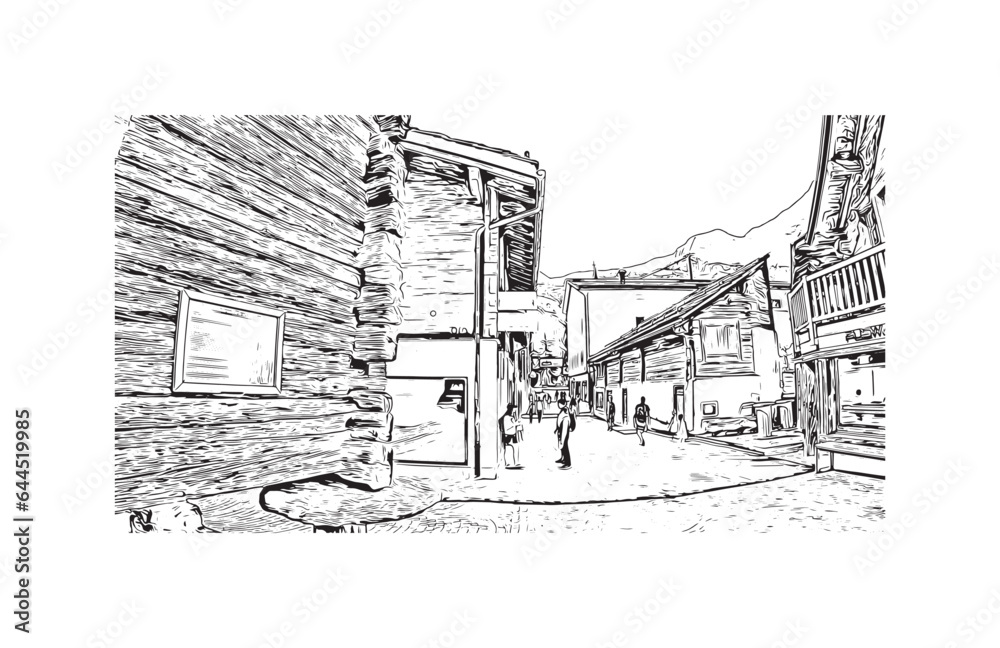 Building view with landmark of Saas Fee is the village in Switzerland. Hand drawn sketch illustration in vector. Building view with landmark of Saas Fee is the village in Switzerland. Hand drawn sketch illustration in vector.