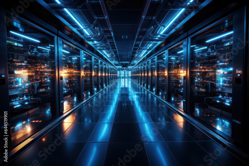 A high-tech data center with rows of servers and blinking lights. Generative AI.