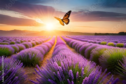 a vibrant summer scene with a golden sun casting warm rays on a field of lavender flowers. A butterfly hovers above, caught in mid-flight, amidst the shimmering bokeh