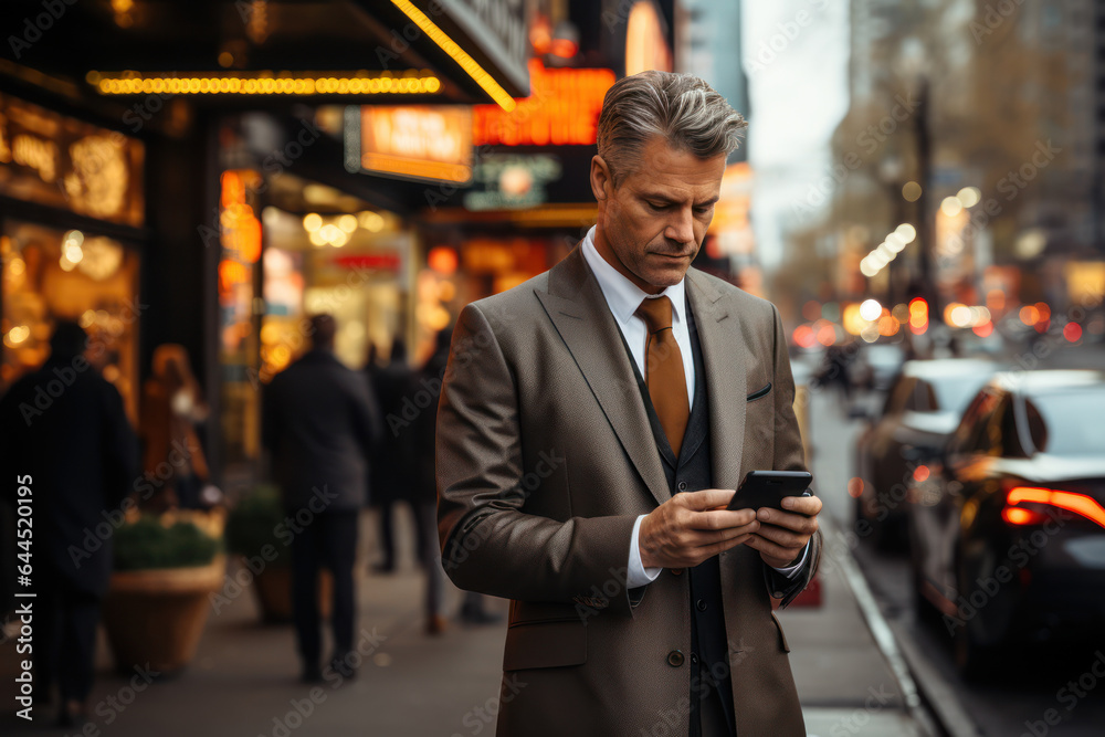An adult businessman holding a phone against the background of a New York street, illustrating business on the go. Generative Ai. An adult businessman holding a phone against the background of a New York street, illustrating business on the go. Generative Ai.