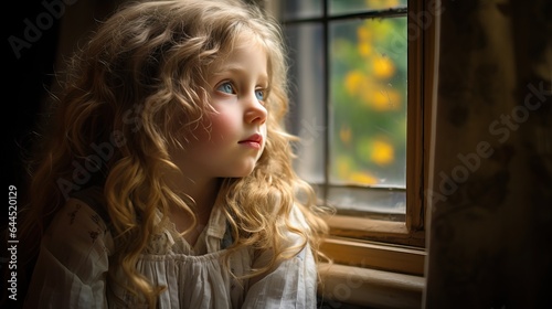 Little Girl with Blue Eyes and Blond Curly Hair Looking Out Window