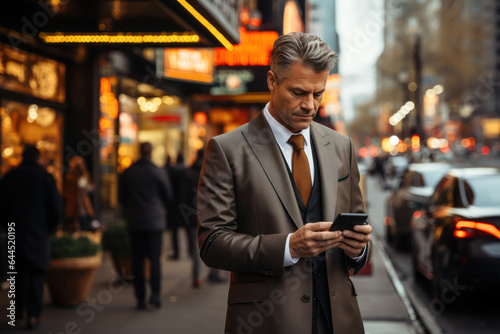An adult businessman holding a phone against the background of a New York street  illustrating business on the go. Generative Ai.