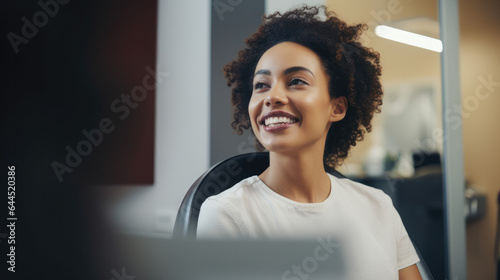 A mixed individual sitting and smiling in a dentist's office, radiating comfort and confidence in healthcare settings.