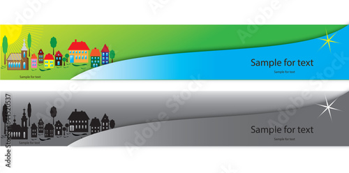 Vector illustration of a village, town, dwelling of a banner for design. Banners of a landscape with a houses, a church and trees. Colorful and monochrome design.