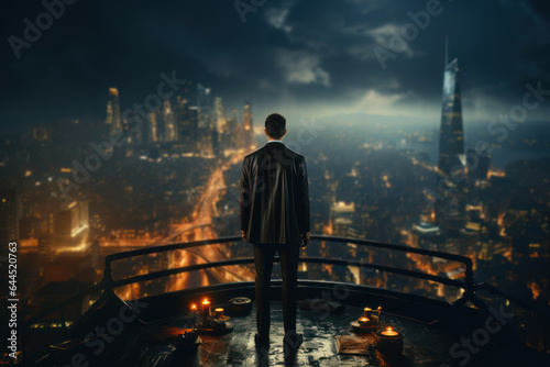 A businessman in a suit and cape, standing heroically on a rooftop, contemplating a future business plan against a nighttime cityscape. Generative Ai.