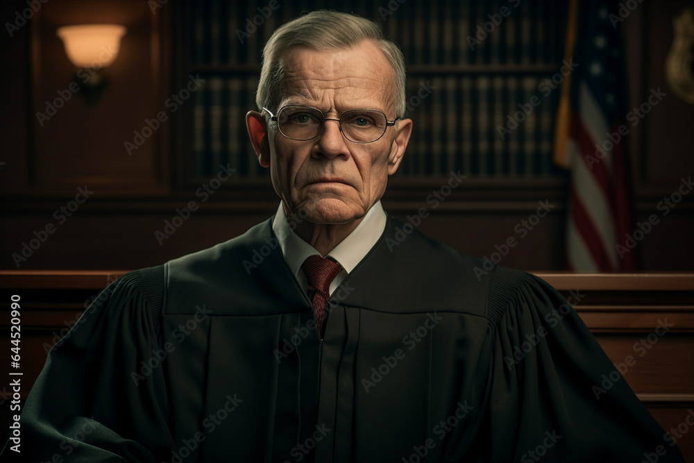 Portrait by generative AI of a confident professional man judge in a court of law listen to arguments and evidence Portrait by generative AI of a confident professional man judge in a court of law listen to arguments and evidence