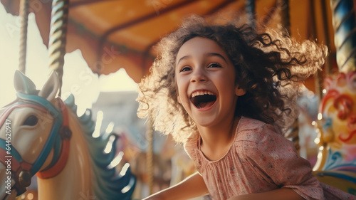 A happy young girl expressing excitement while on a colorful carousel, merry-go-round, having fun at an amusement park smile, happiness, bright childhood. Generative AI © Paveena yodlee