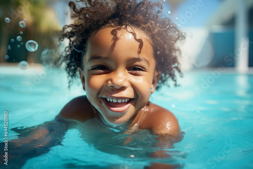 Portrait of happy person smiling at camera having fun swimming pool spending summer holiday aqua park center made with generative AI
