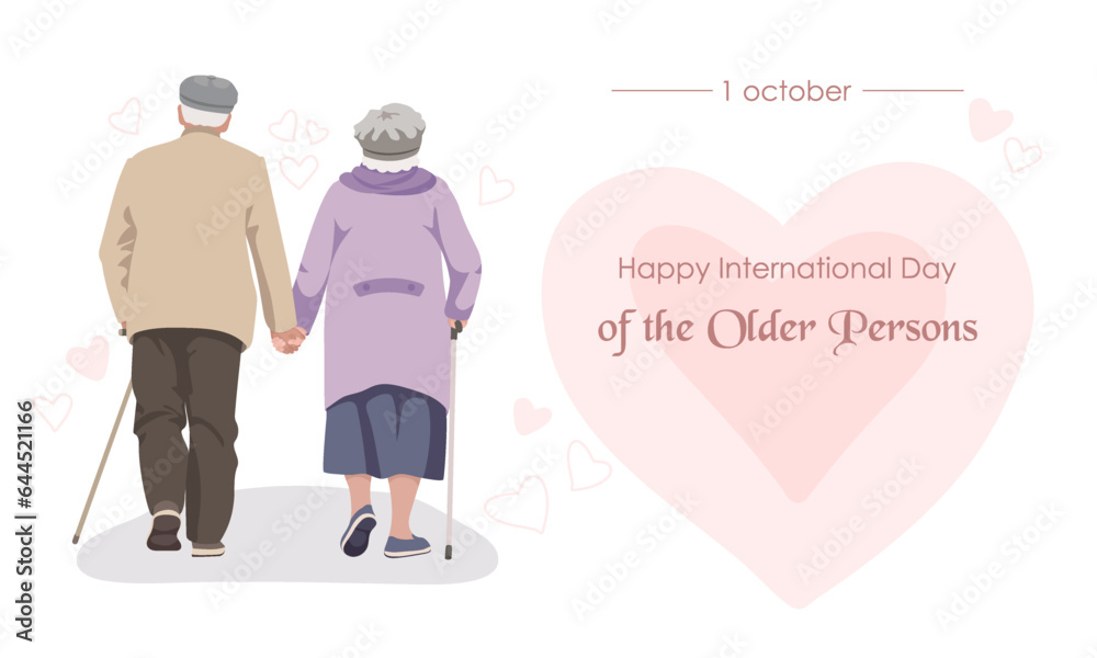 Postcard Happy Day of the Older Persons, elderly couple holding hands, with an inscription. Vector design Postcard Happy Day of the Older Persons, elderly couple holding hands, with an inscription. Vector design