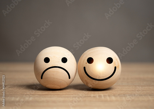 Concepts satisfaction. The wooden ball has smiling and frowning faces to express happy and unhappy emotions. There is a star showing the highest satisfaction score.