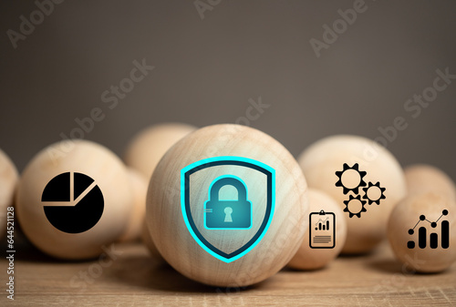 online security system. The key icon is on the wooden ball to represent security and protect information such as financial, sensitive company data. corporate information personal information.