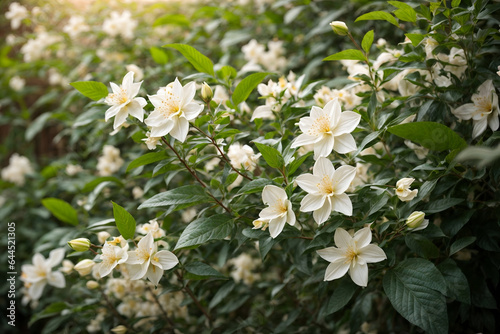 Beautiful blooming jasmine flowers in a garden at sunset