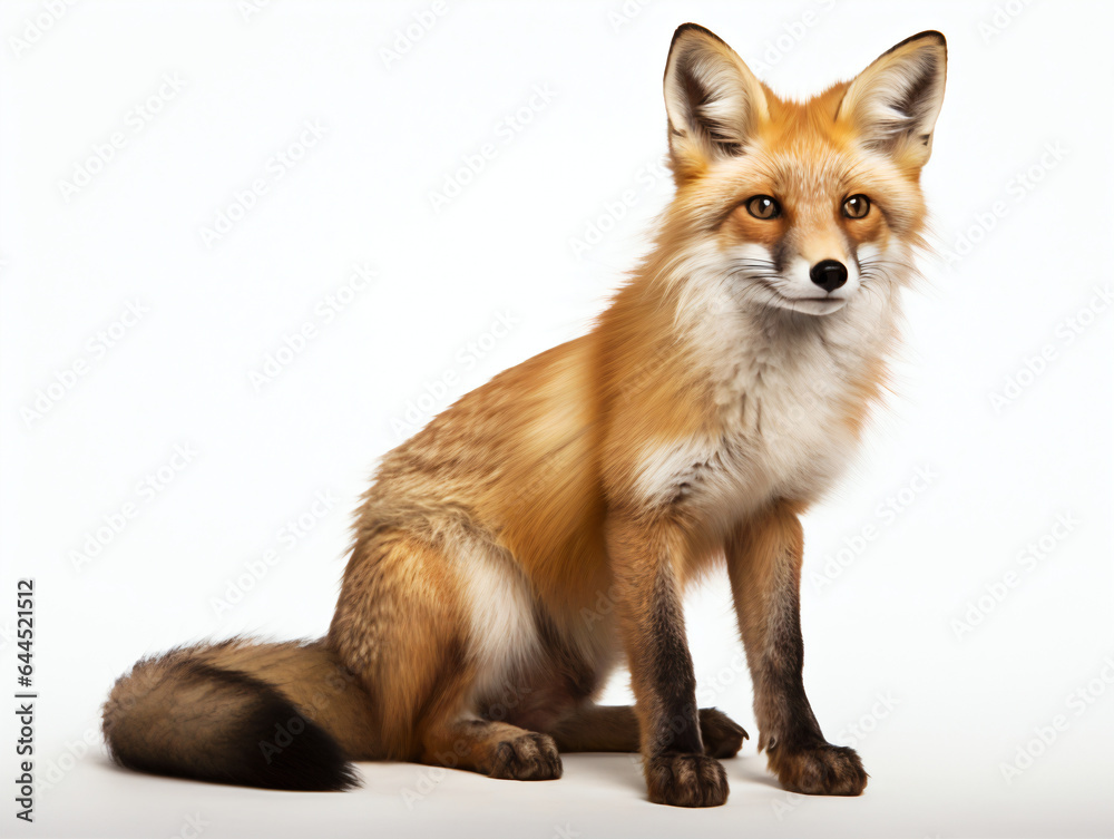 A red fox sitting on a white studio background A red fox sitting on a white studio background