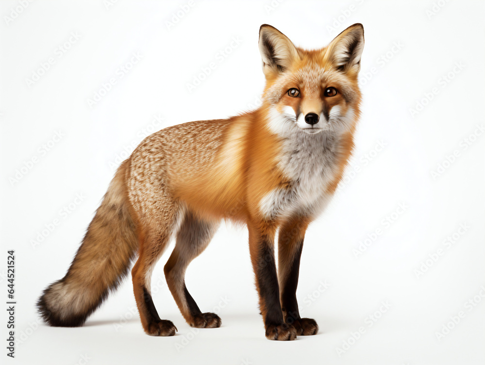 A red fox stood on a white studio background
