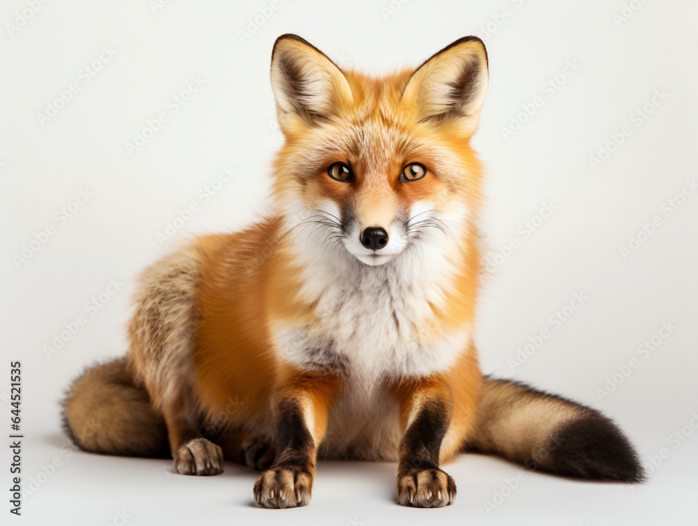 A red fox lay down on a white studio background
