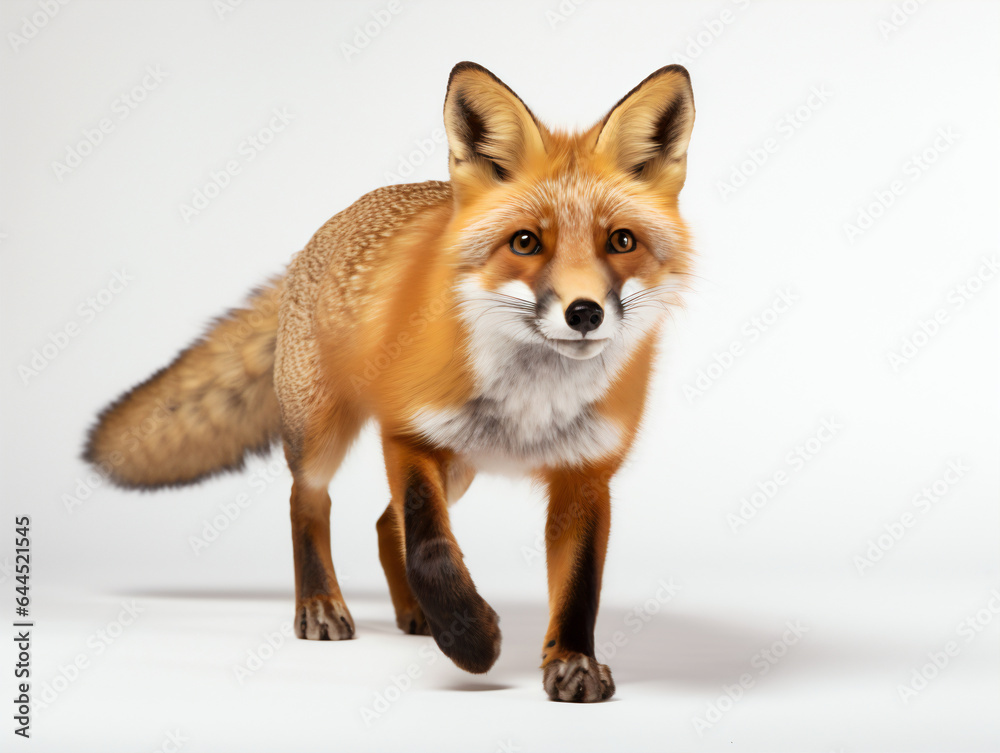 A Red fox walking on a white studio background