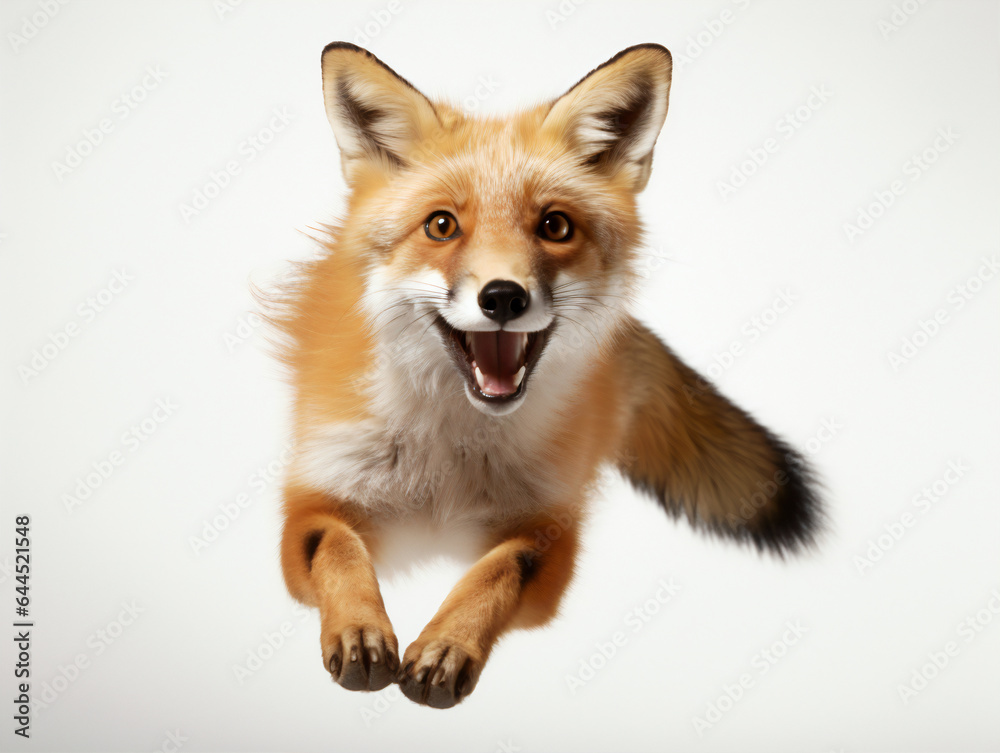 A red fox jumping on a white studio background