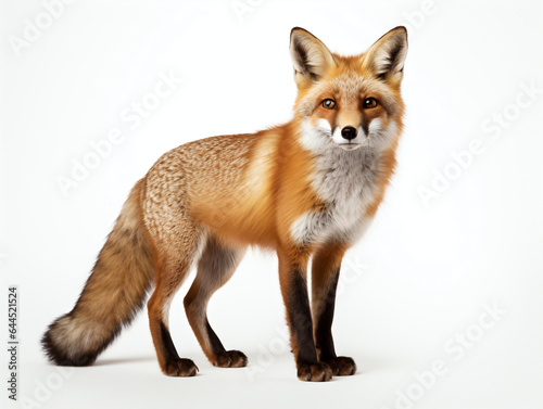 A red fox stood on a white studio background