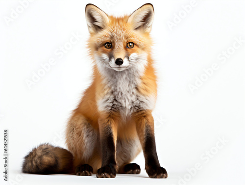A red fox sitting and looking at the camera on a white studio background