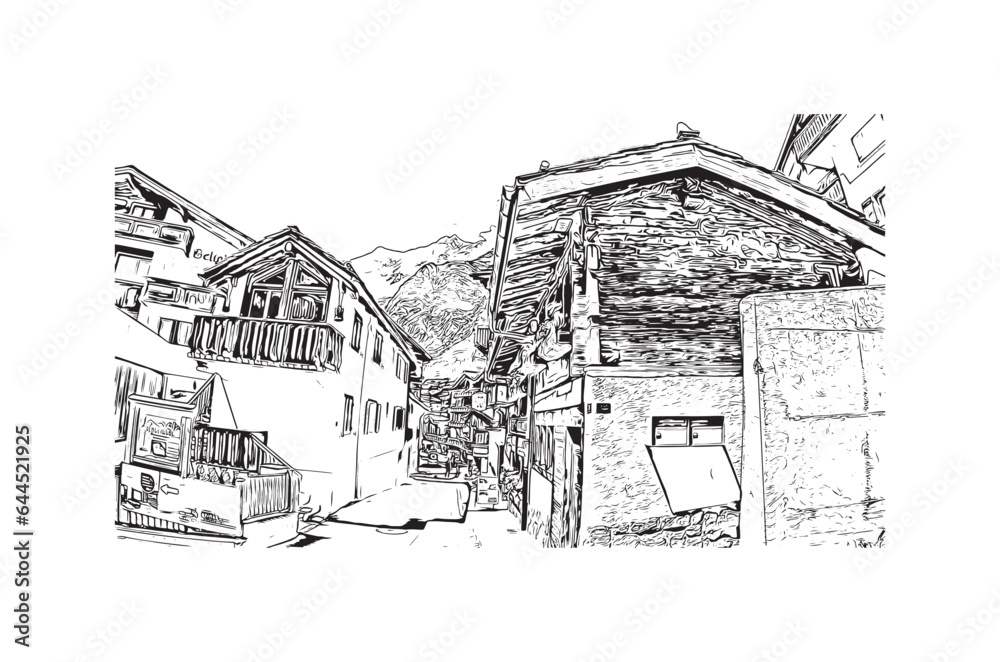 Building view with landmark of Saas Fee is the village in Switzerland. Hand drawn sketch illustration in vector.